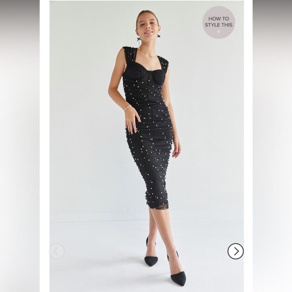 francescas kathy black rouched pearl embellished midi LBD dress size small new